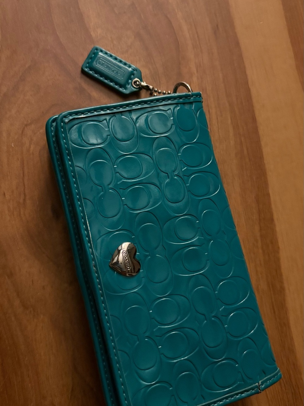 Coach Teal Patent Signature Continetal Wallet with Heart Snap